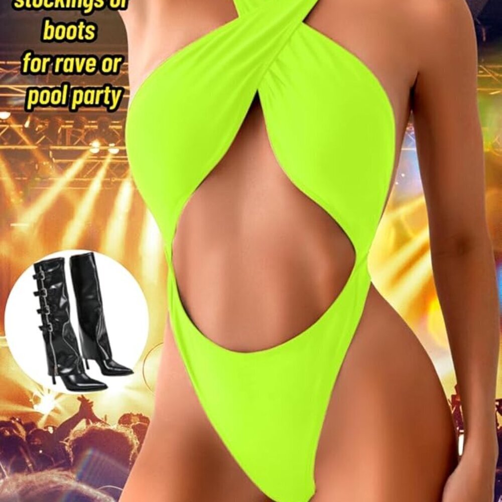 🌟 NWT Neon Green Criss Cross Monokini Cut Out Swimsuit Medium 🌟 - Picture 5 of 5